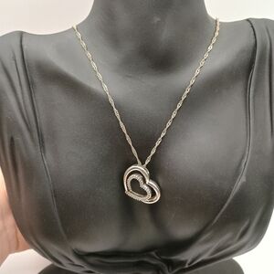 Sterling Silver Heart In Heart Pendant With Colorless Gemstones 20in